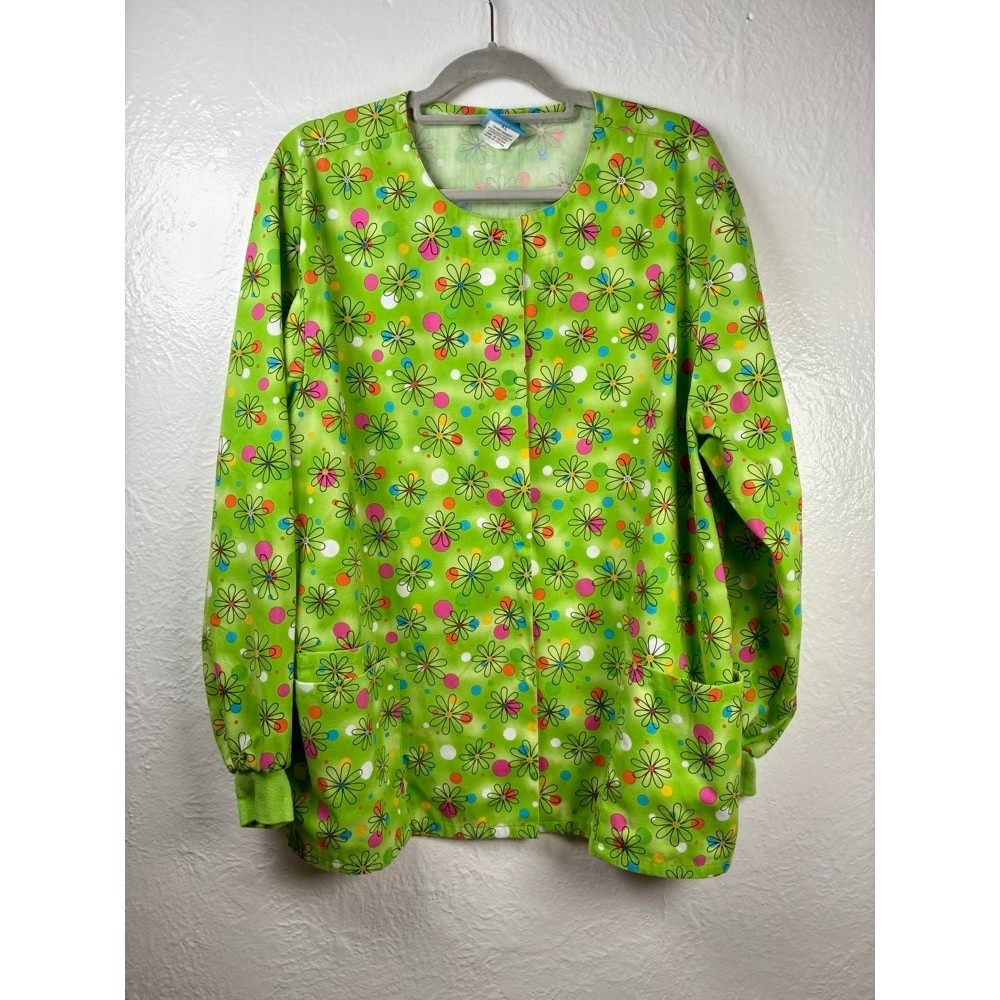 Scrub H.Q. Floral Jacket XL Lime Green Snap Front Nurse Medical Dental Vet Tech